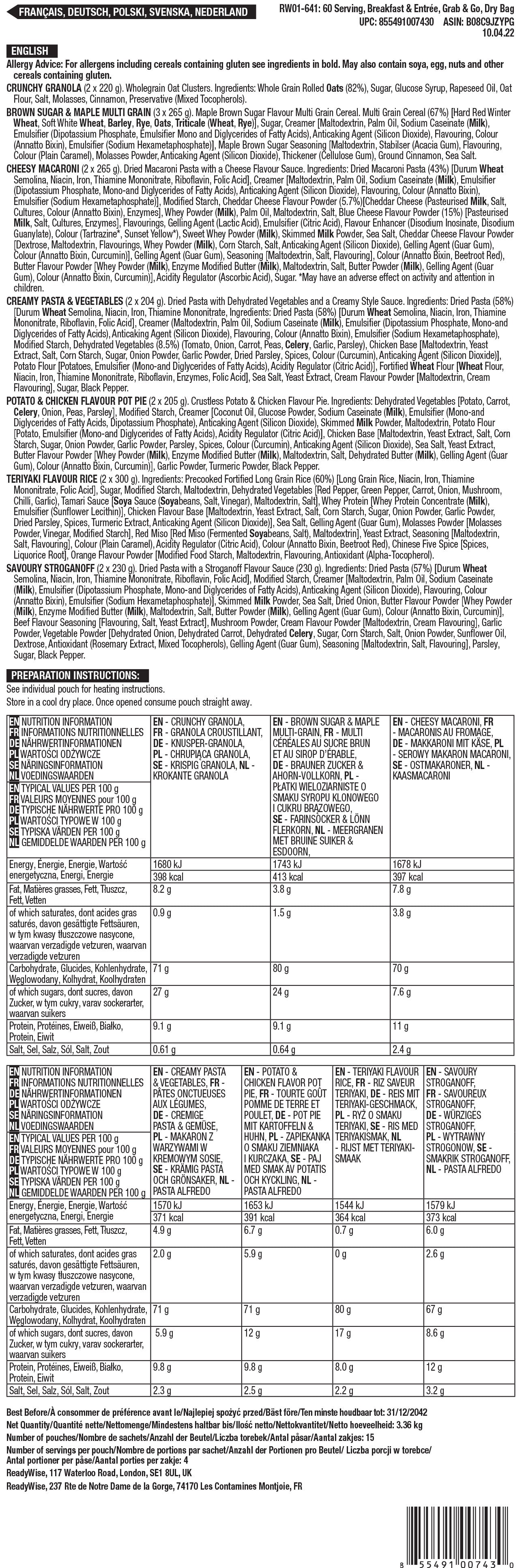 Freeze-Dried Emergency Food Pouches in Dry Bag - 60 Servings