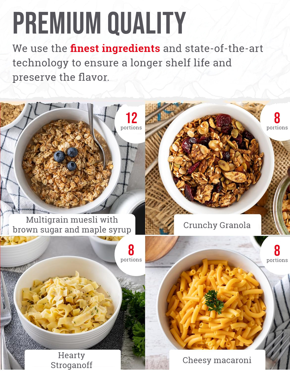 Aliments d'urgence lyophilisés en sac étanche - 60 portions